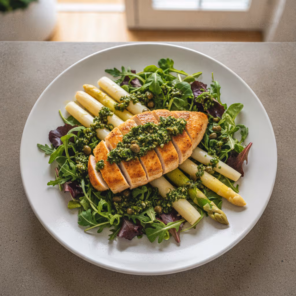 Asperges en kipfilet op babysla met salsa verde, klaar om te serveren