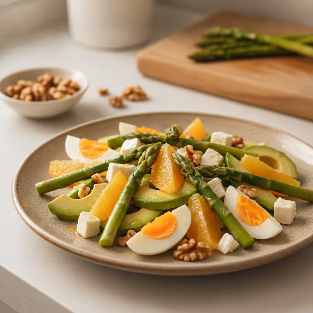 Aspergesalade met ei, avocado, sinaasappel & feta, klaar om te serveren