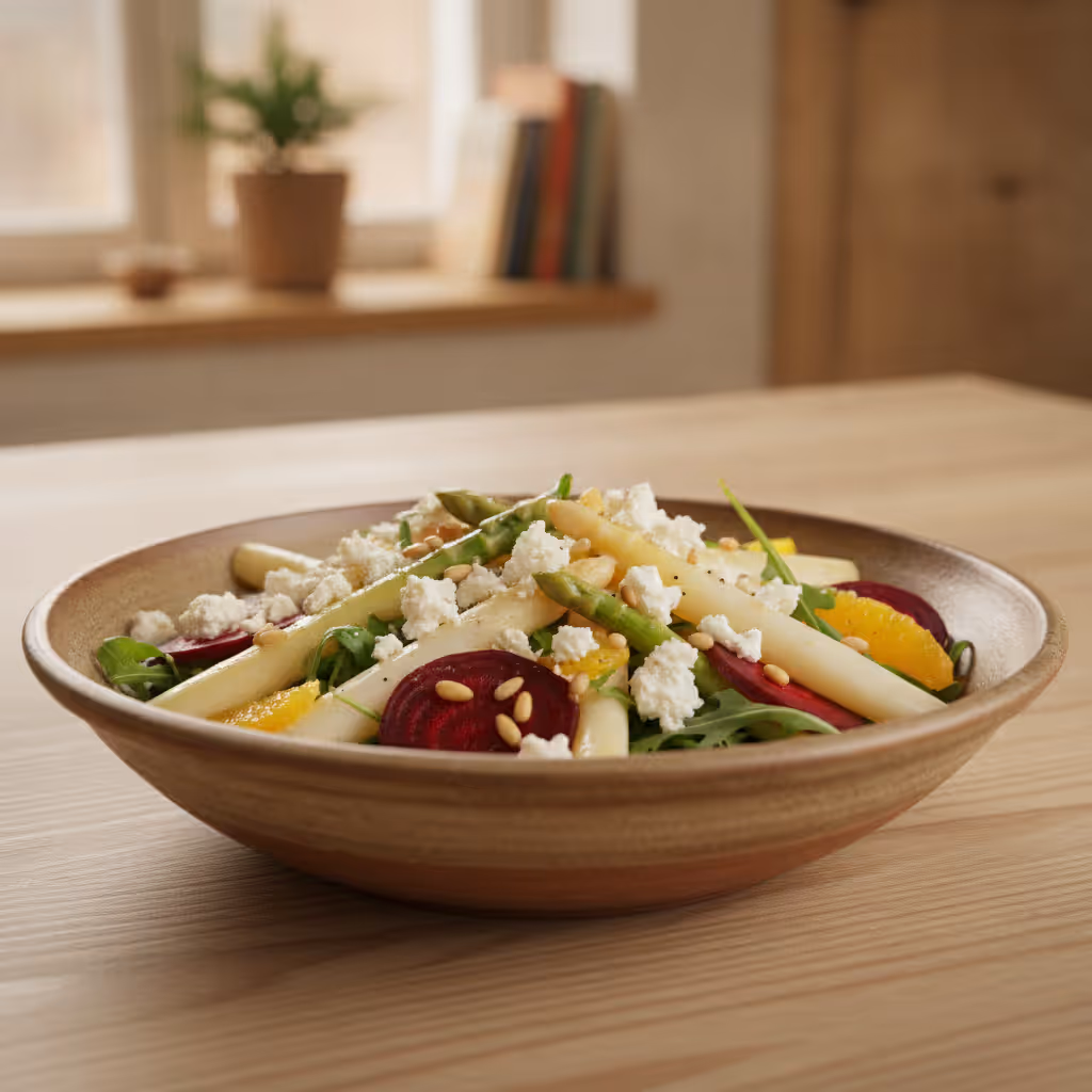 Aspergesalade met feta op rode biet, klaar om te serveren