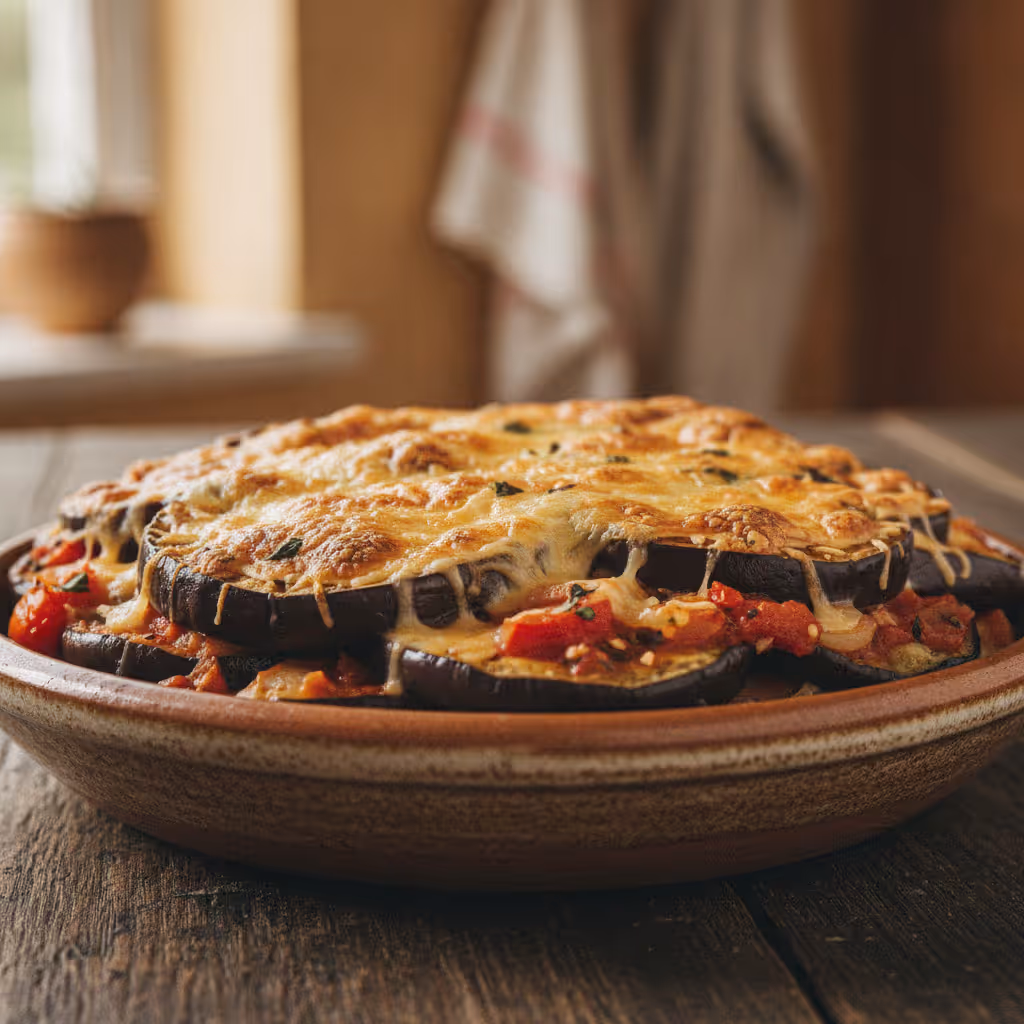 Auberginepizza, klaar om te serveren