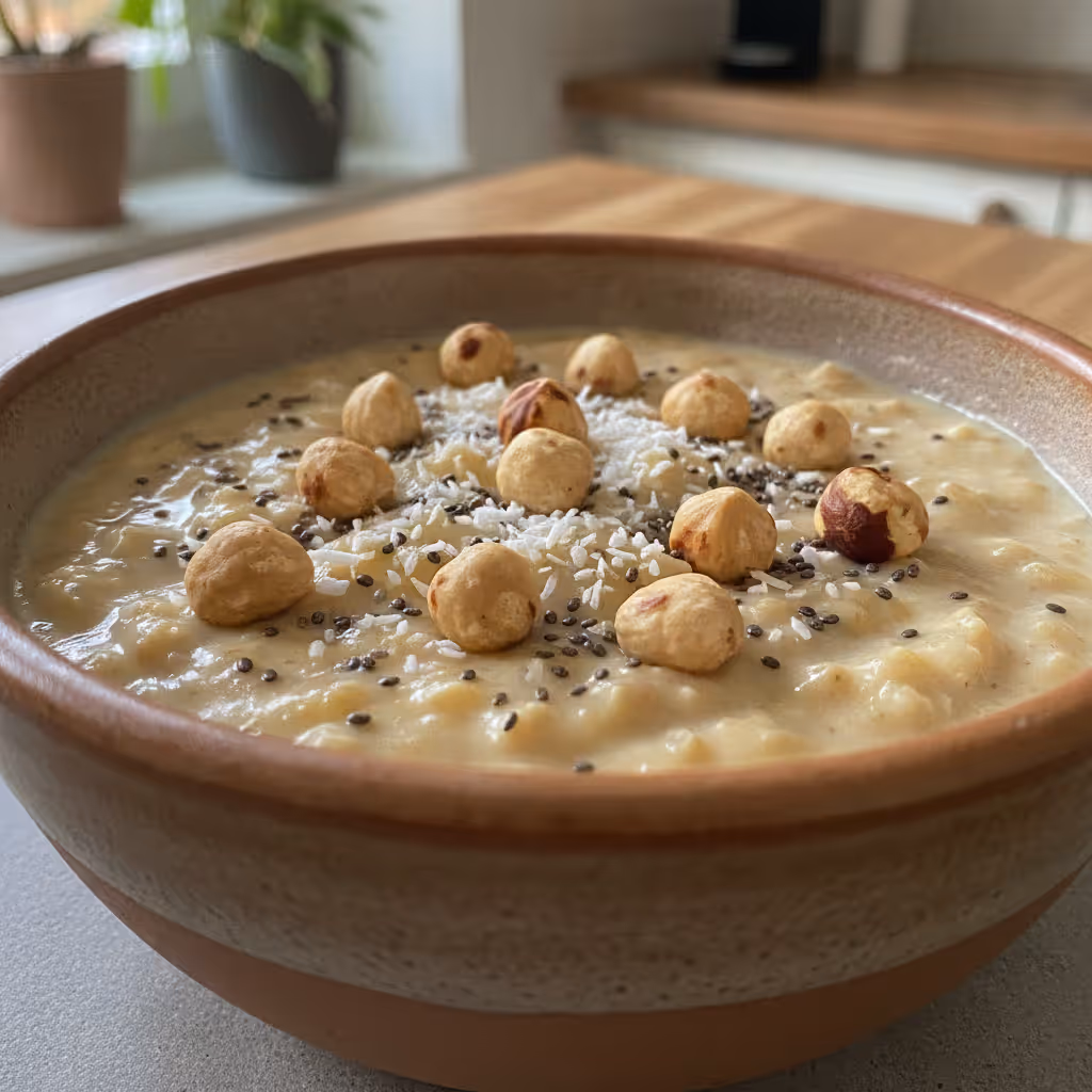 Banaan-hazelnoot-kokospudding met chia, klaar om te serveren