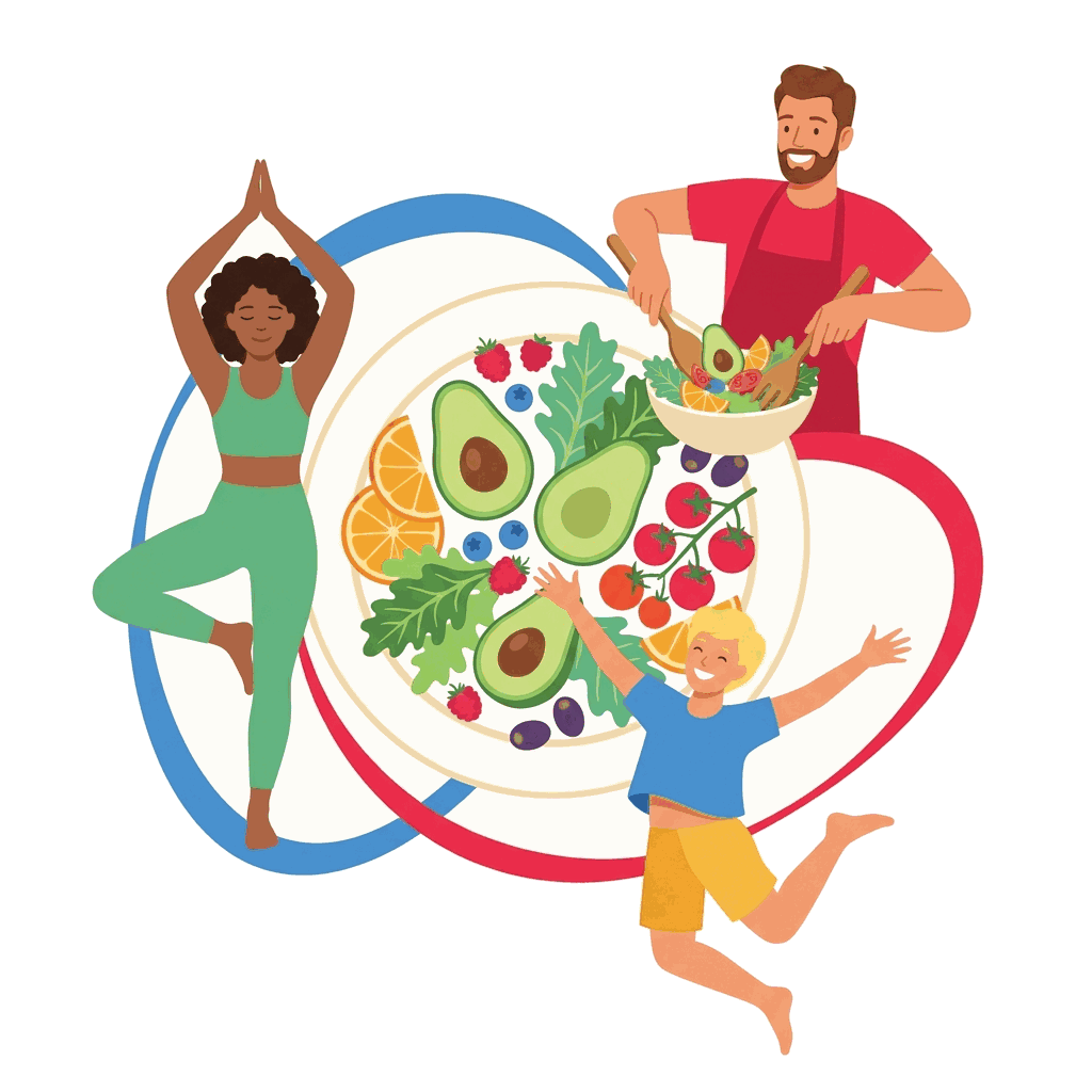 Illustratie: mensen rond een bord met vers, gezond eten